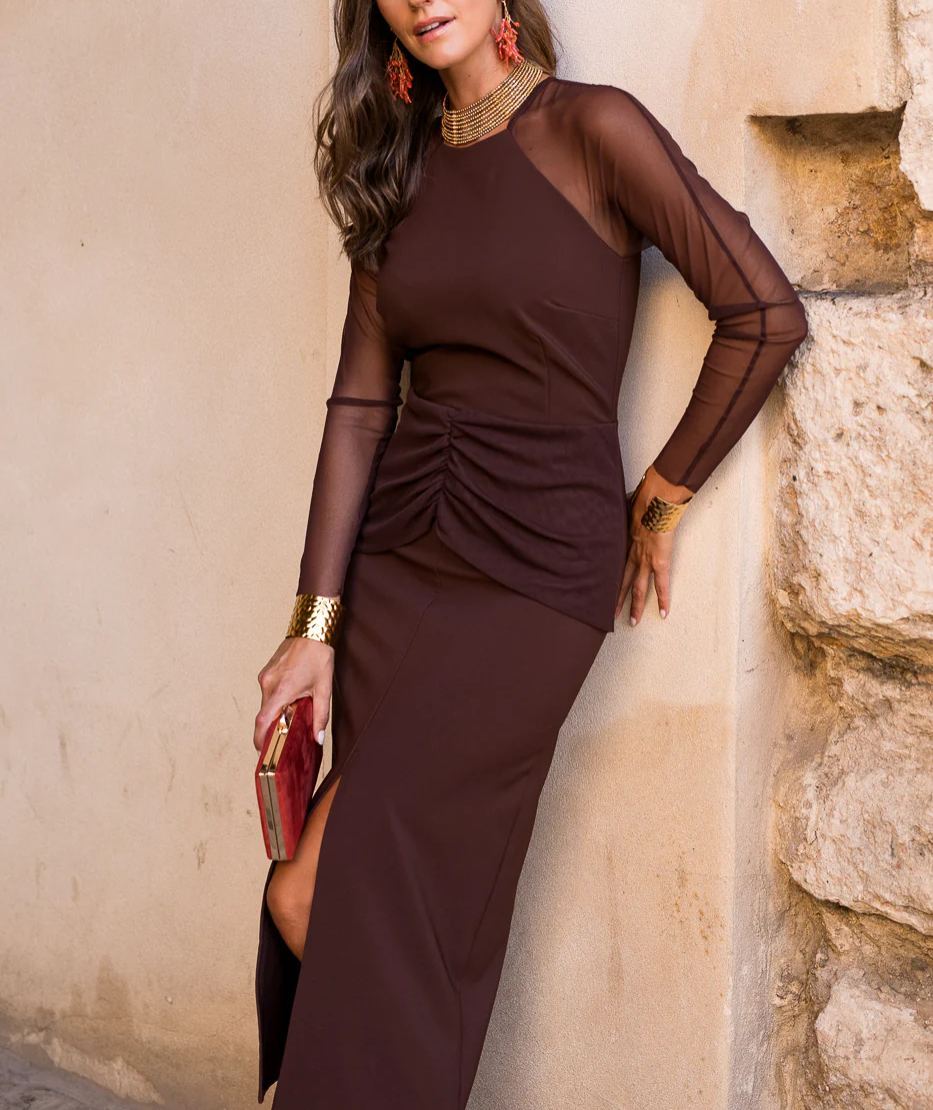 Long-sleeved chocolate brown tulle midi dress