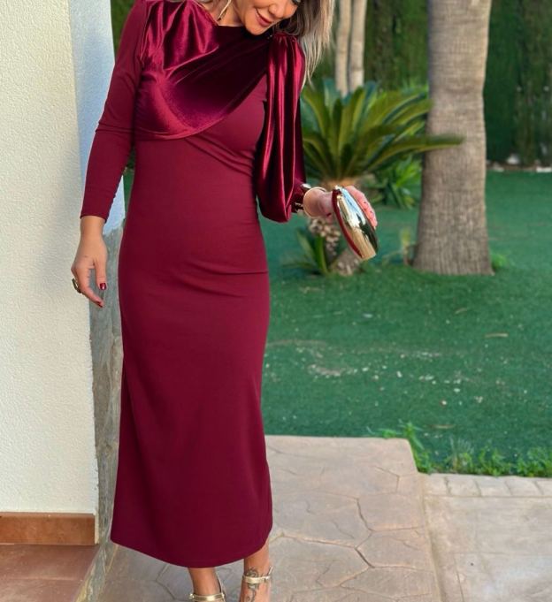 Wine Velvet Off-the-Shoulder Bow Dress