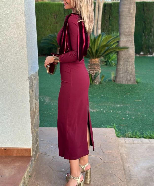 Wine Velvet Off-the-Shoulder Bow Dress