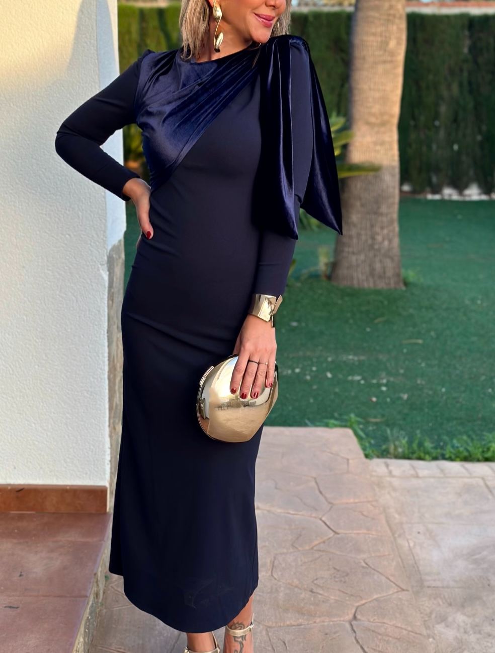 Navy Velvet Off Shoulder Bow Dress