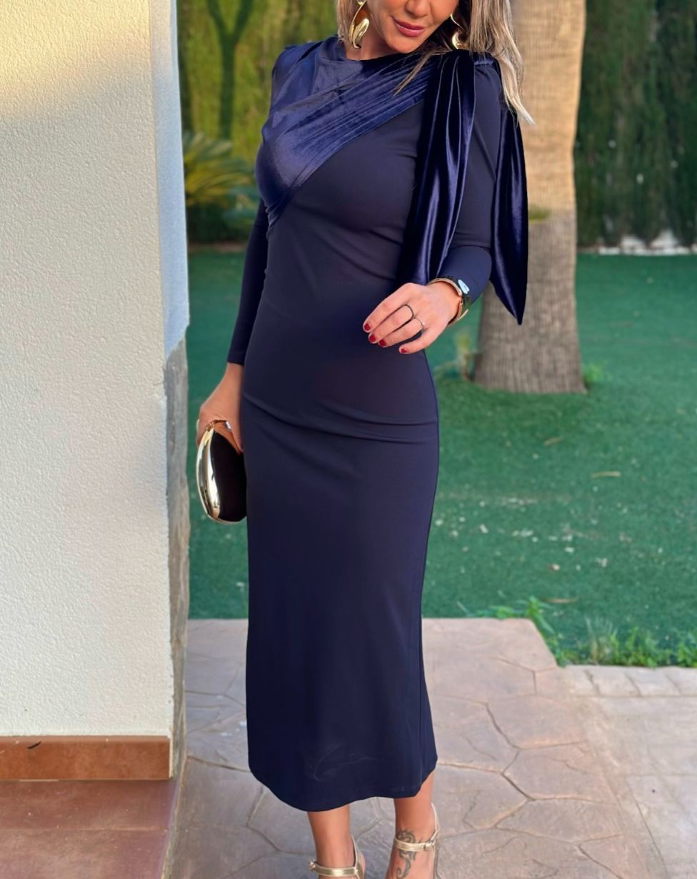 Navy Velvet Off Shoulder Bow Dress