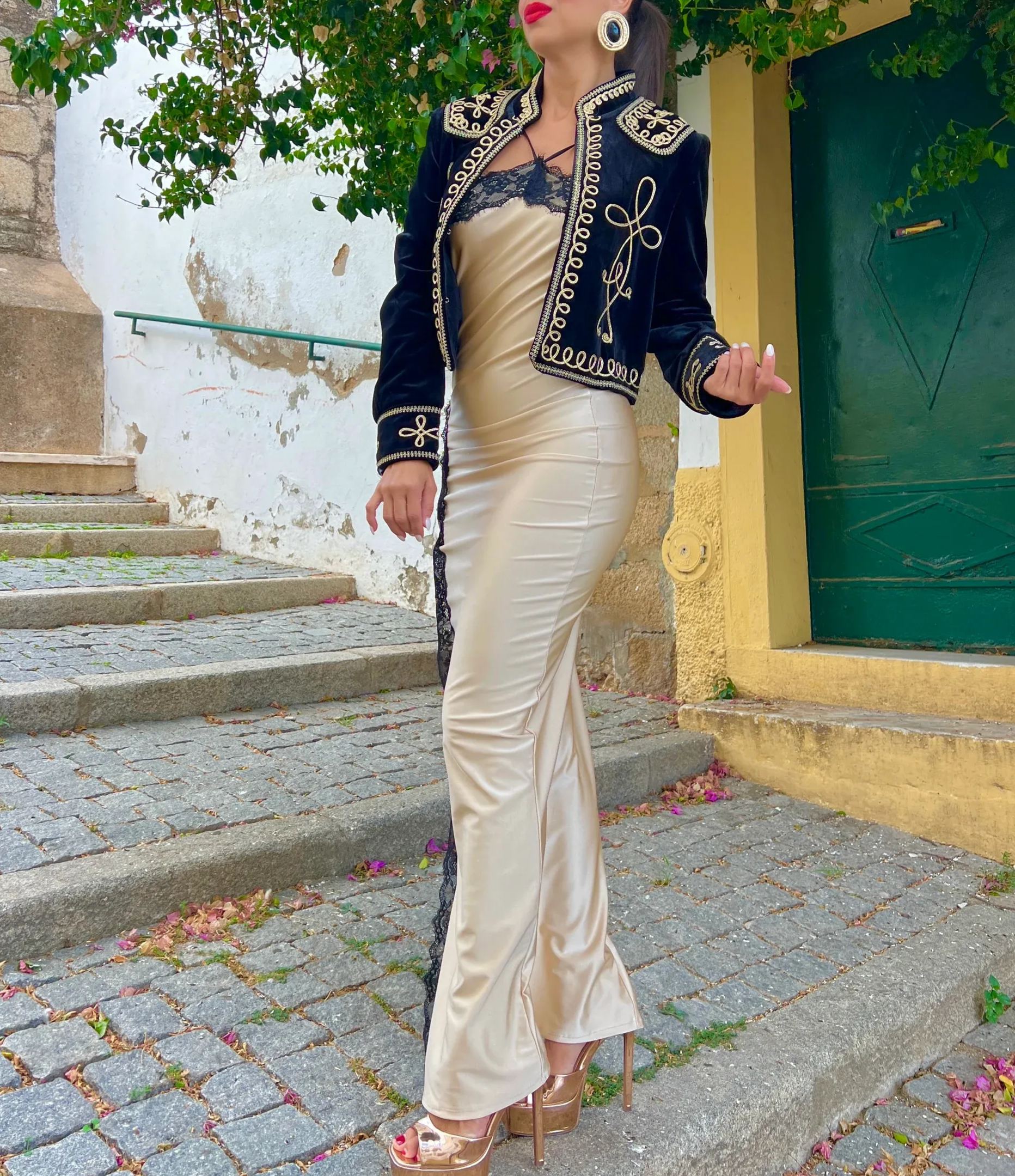 Black velvet bolero jacket with gold trim