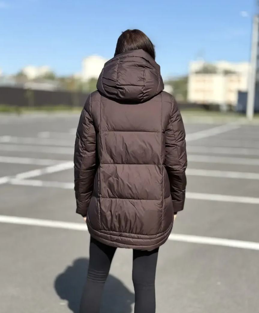 Windproof Brown Mid - Length Down Jacket with Hood and Buckles
