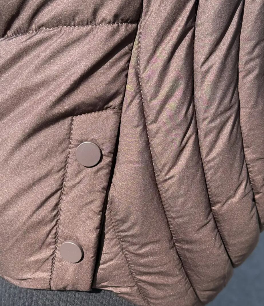 Windproof Brown Mid - Length Down Jacket with Hood and Buckles