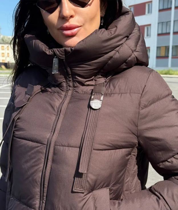 Windproof Brown Mid - Length Down Jacket with Hood and Buckles