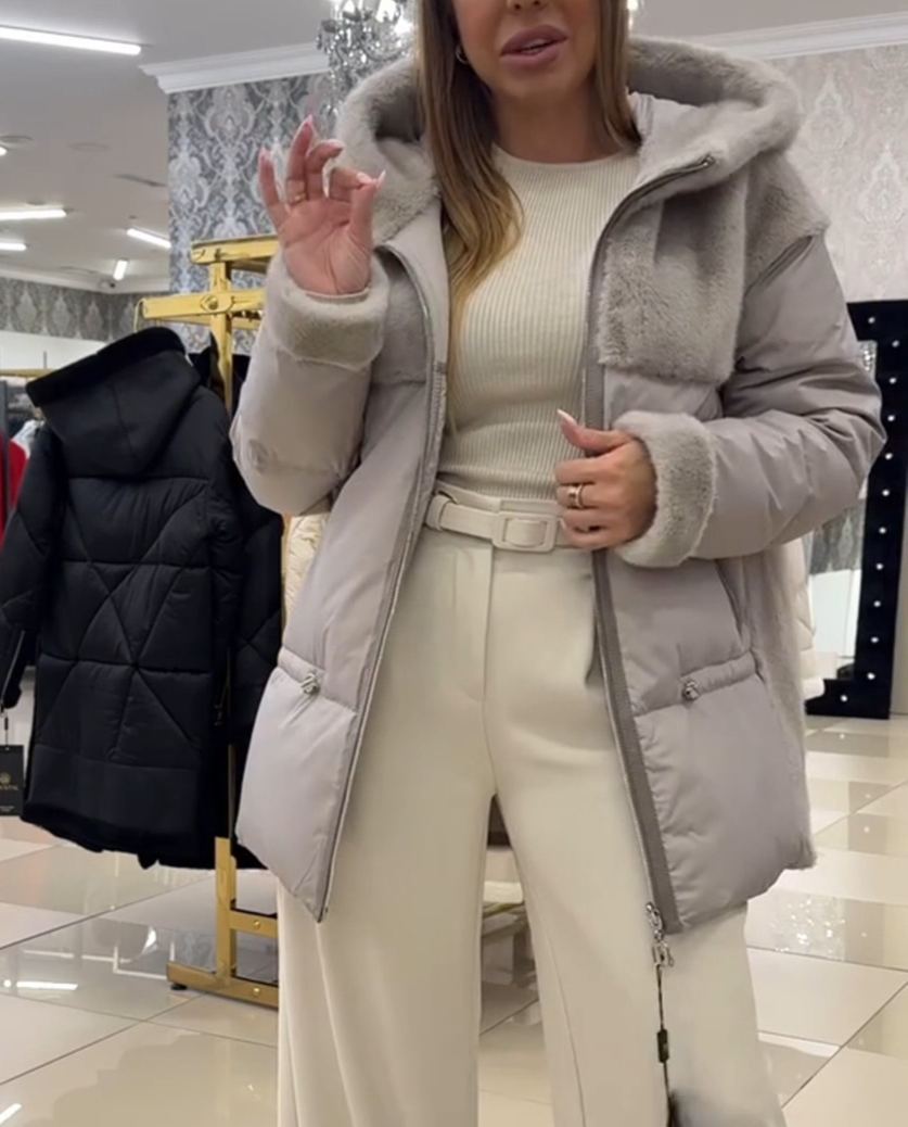 Urban Casual Gray Down Jacket with Faux Fur Accent