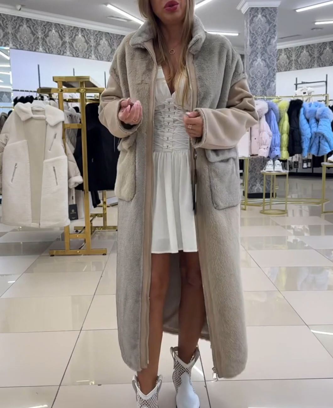 Vintage Color-Block Faux Fur Long Coat