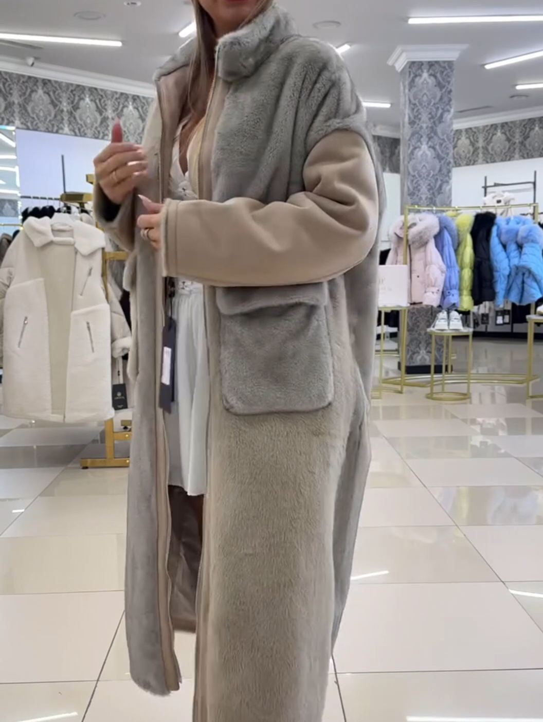 Vintage Color-Block Faux Fur Long Coat