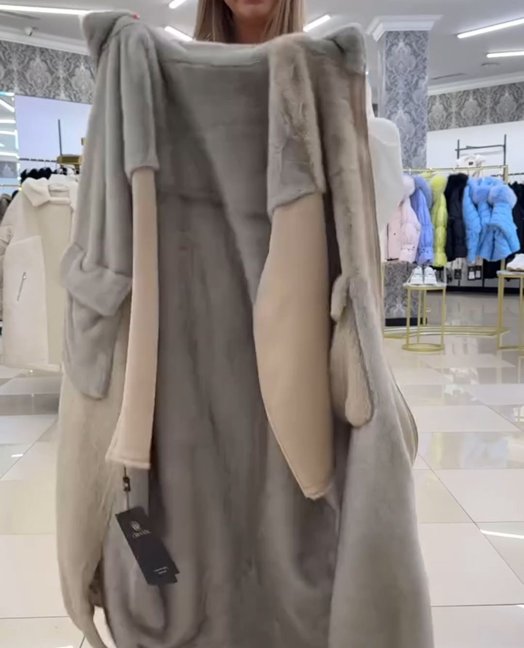 Vintage Color-Block Faux Fur Long Coat