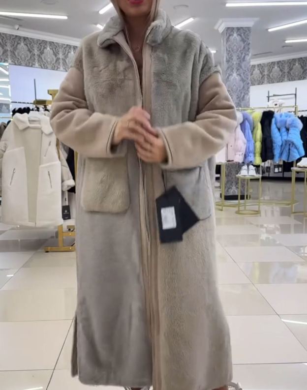 Vintage Color-Block Faux Fur Long Coat