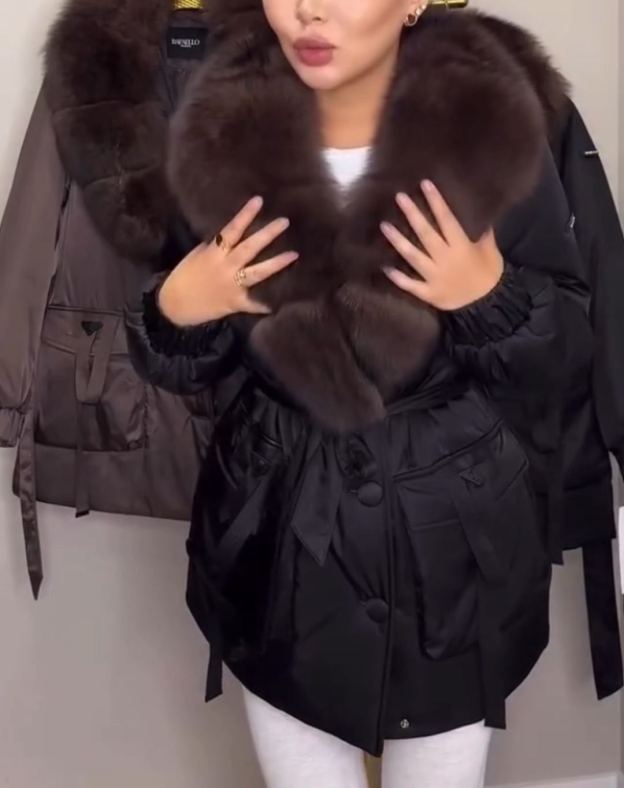 Fashion Premium Black Down Jacket with Brown Fur Collar