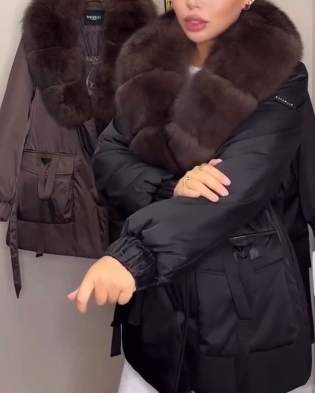 Fashion Premium Black Down Jacket with Brown Fur Collar