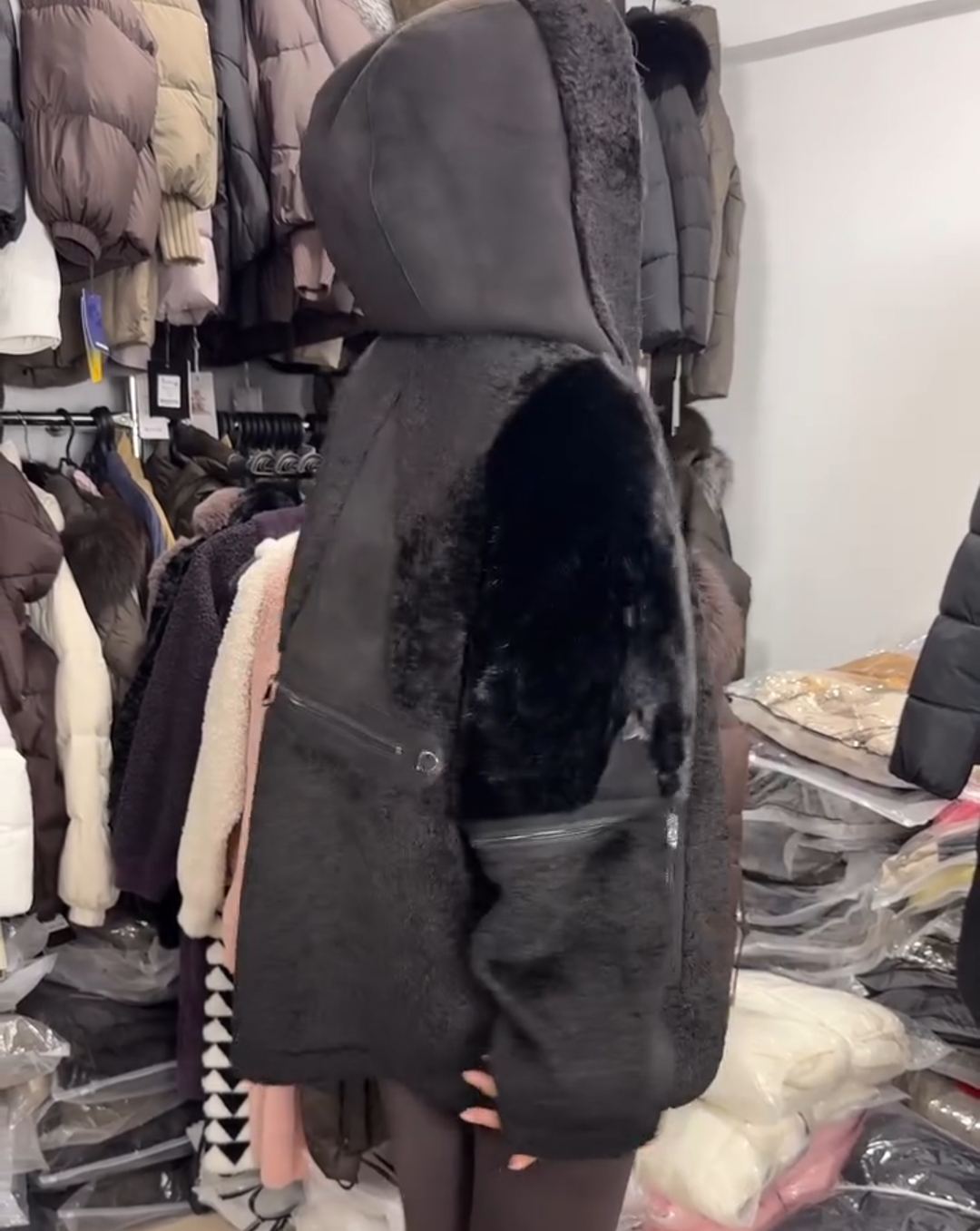 Vintage Functional Black Faux Fur Jacket with Zipper Details