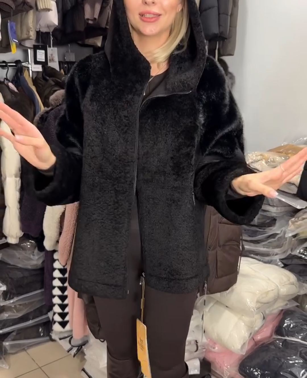 Vintage Functional Black Faux Fur Jacket with Zipper Details