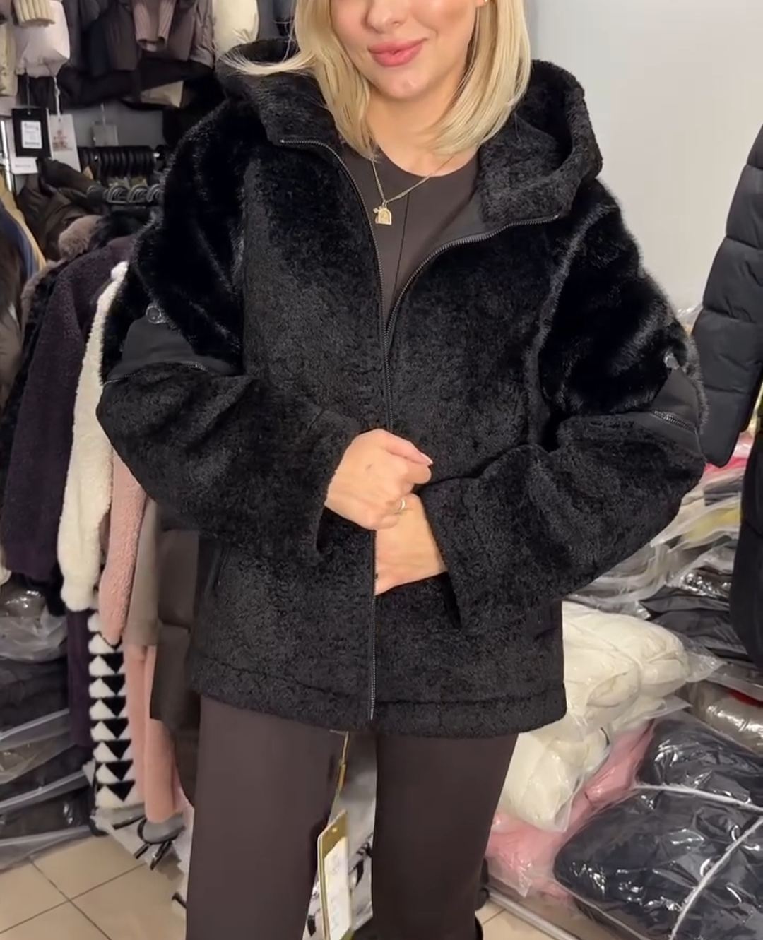 Vintage Functional Black Faux Fur Jacket with Zipper Details