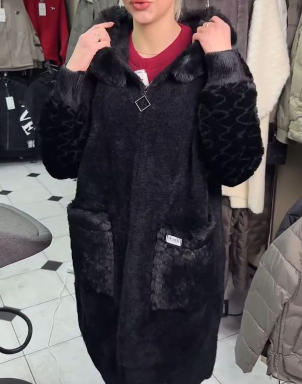 Fashion Textured Black Faux Fur Coat