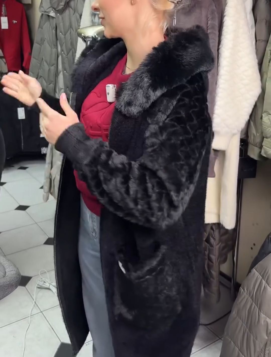 Fashion Textured Black Faux Fur Coat