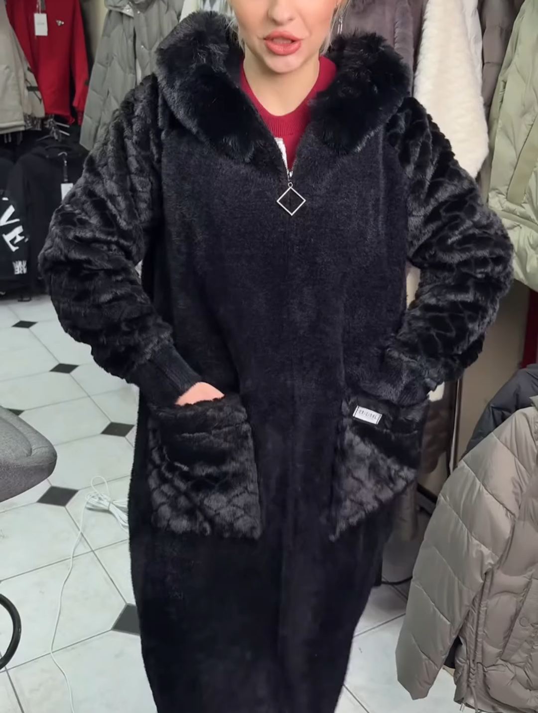 Fashion Textured Black Faux Fur Coat