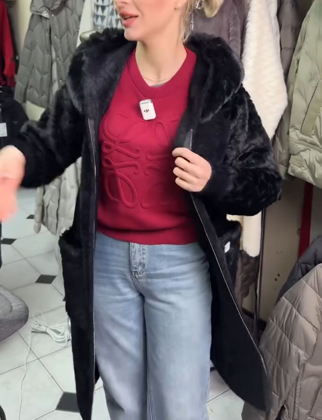 Fashion Textured Black Faux Fur Coat