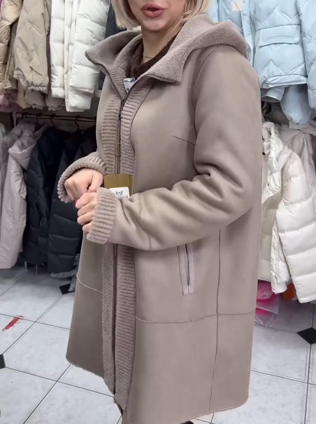 Light Luxury Reversible Beige Faux Fur & Suede Coat