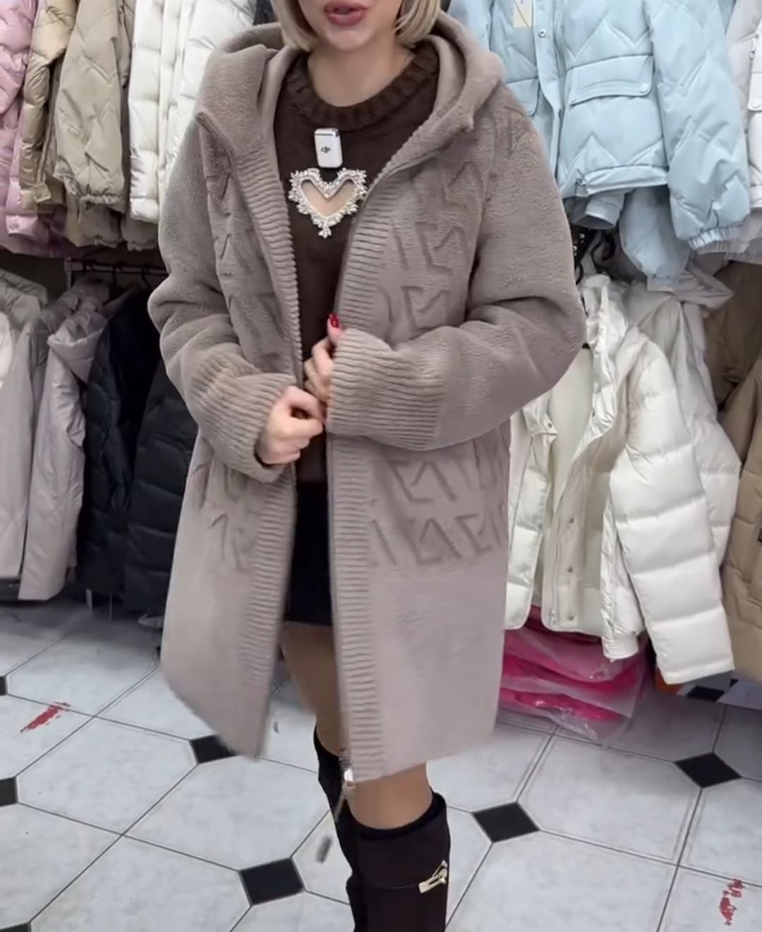 Light Luxury Reversible Beige Faux Fur & Suede Coat