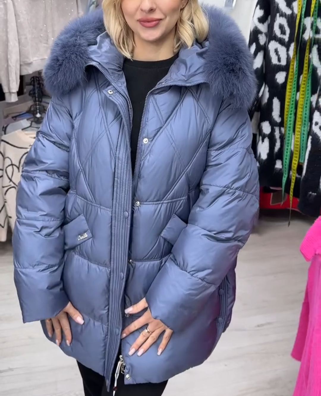 Fashion Premium Blue Down Jacket with Faux Fur Accent