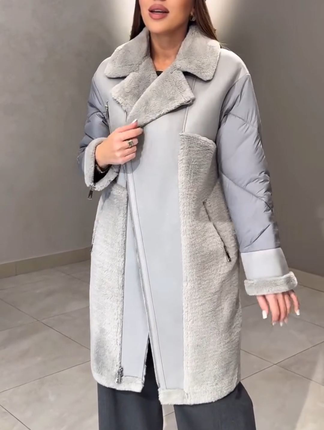 Fashion Statement Light Gray Coat with Asymmetric Zipper