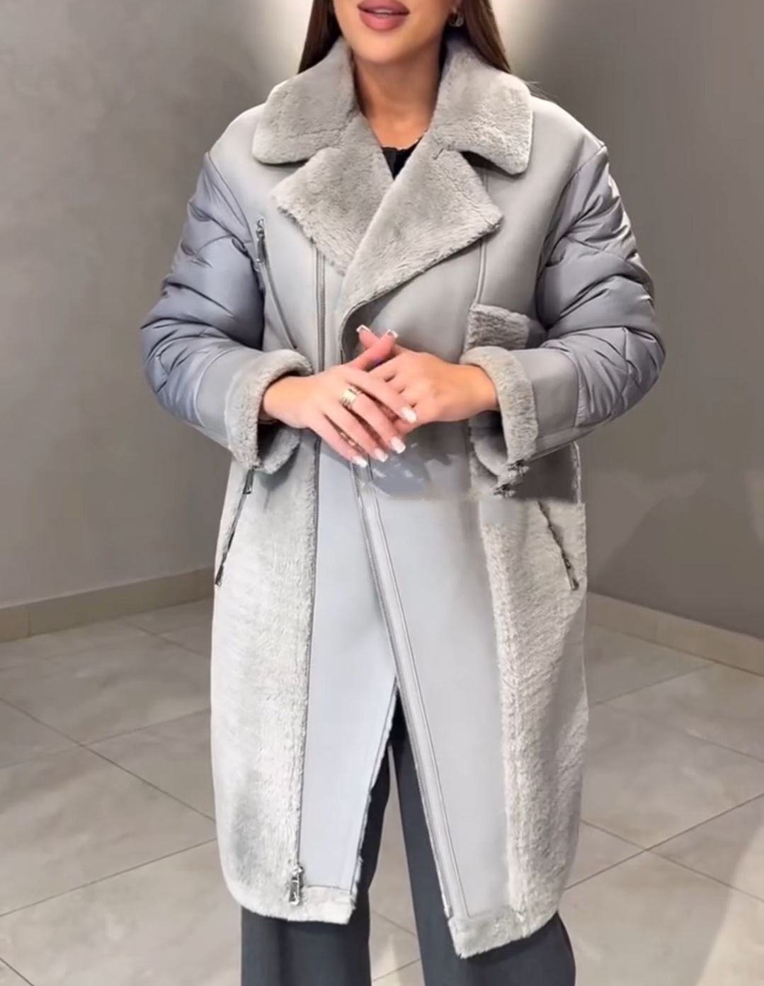 Fashion Statement Light Gray Coat with Asymmetric Zipper