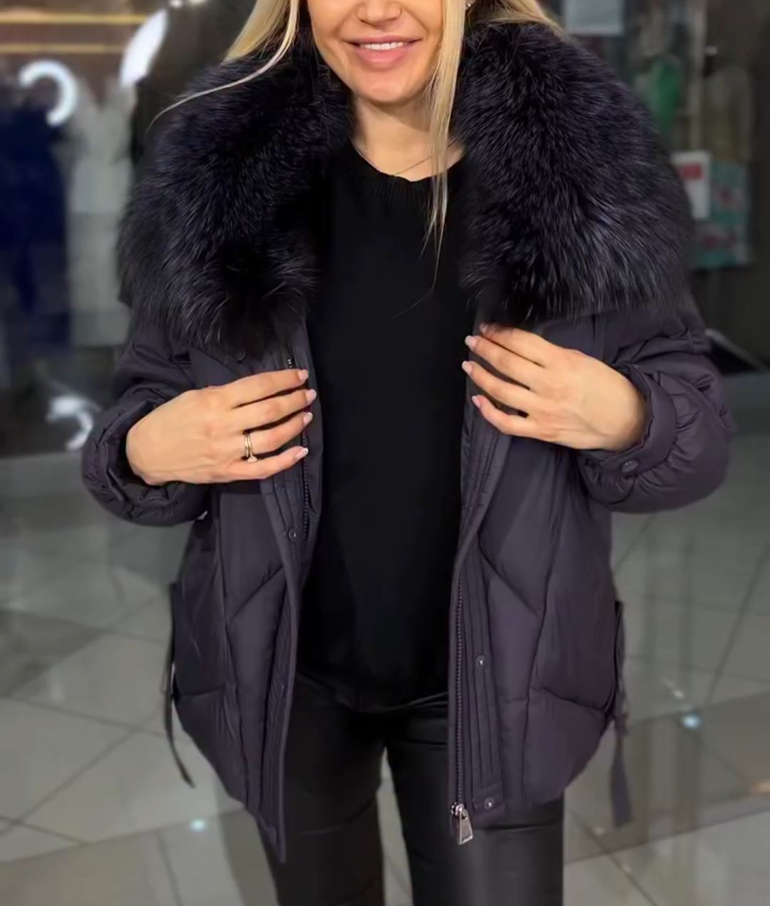 Fashion Premium Purple Down Jacket with Faux Fur Accent