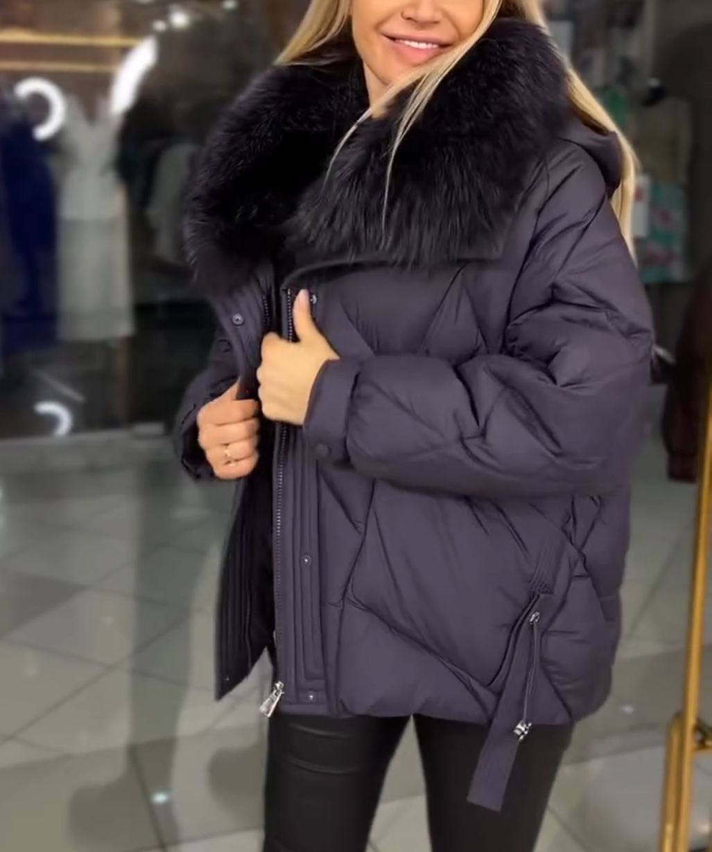 Fashion Premium Purple Down Jacket with Faux Fur Accent