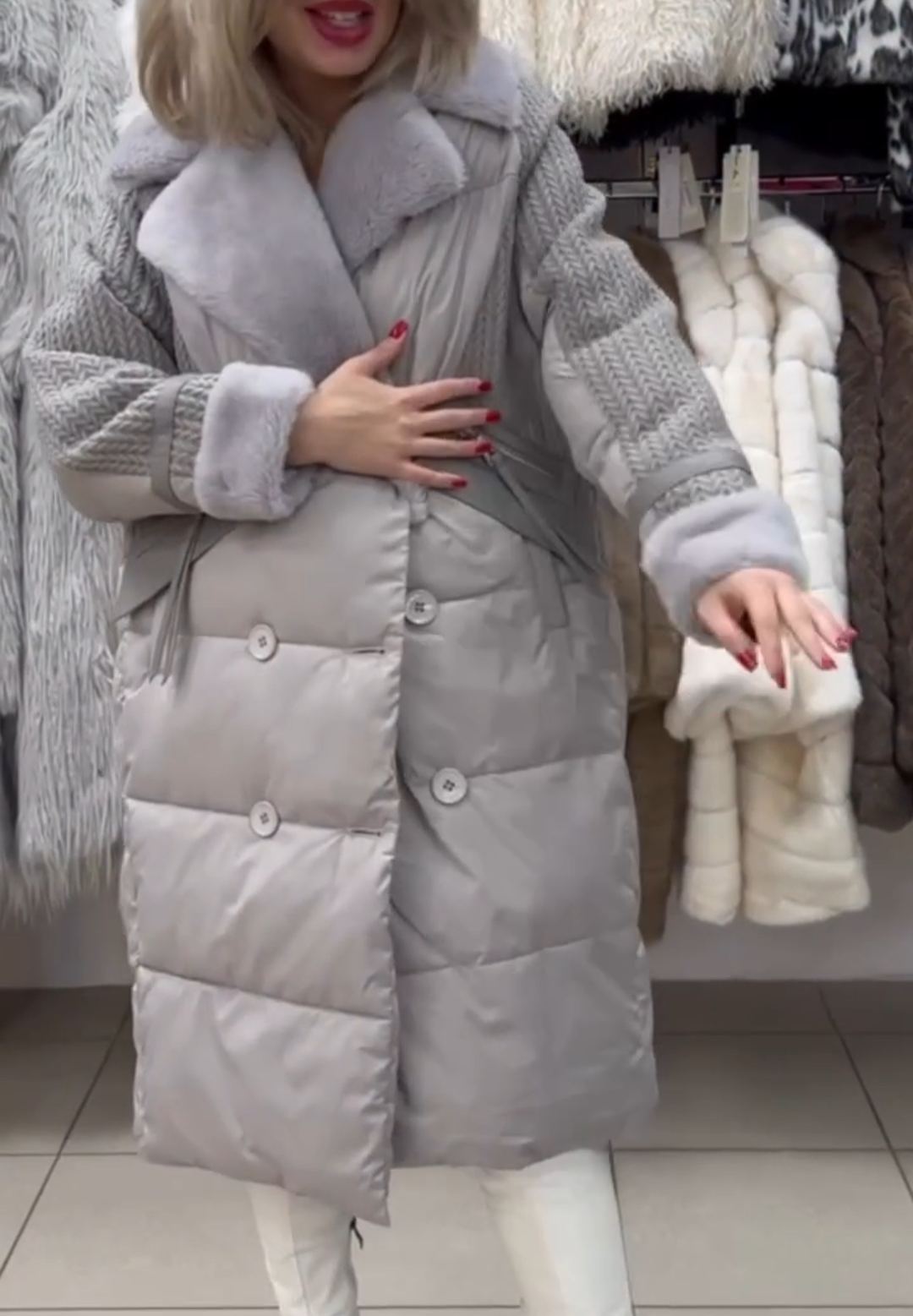 Urban Intellectual Gray Down Coat with Knitted Sleeves