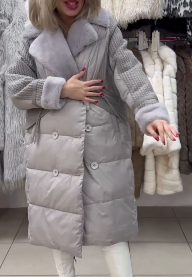 Urban Intellectual Gray Down Coat with Knitted Sleeves