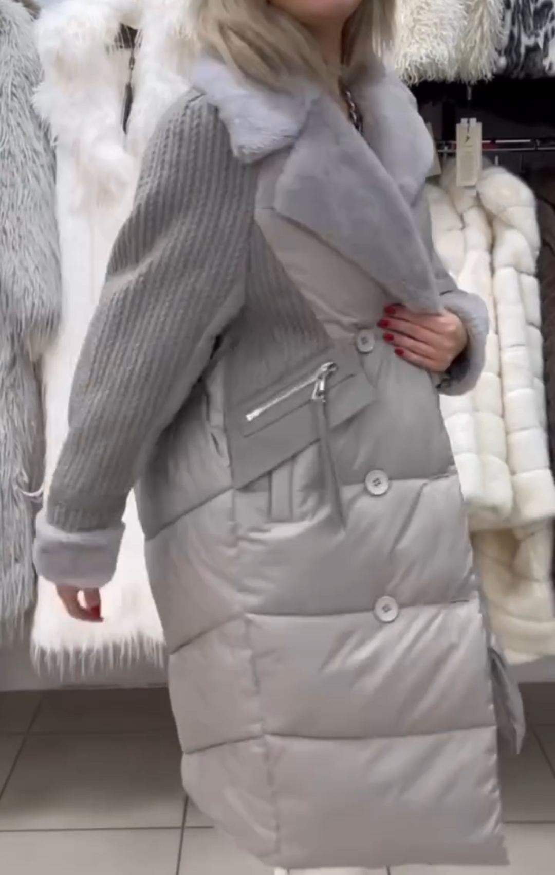 Urban Intellectual Gray Down Coat with Knitted Sleeves