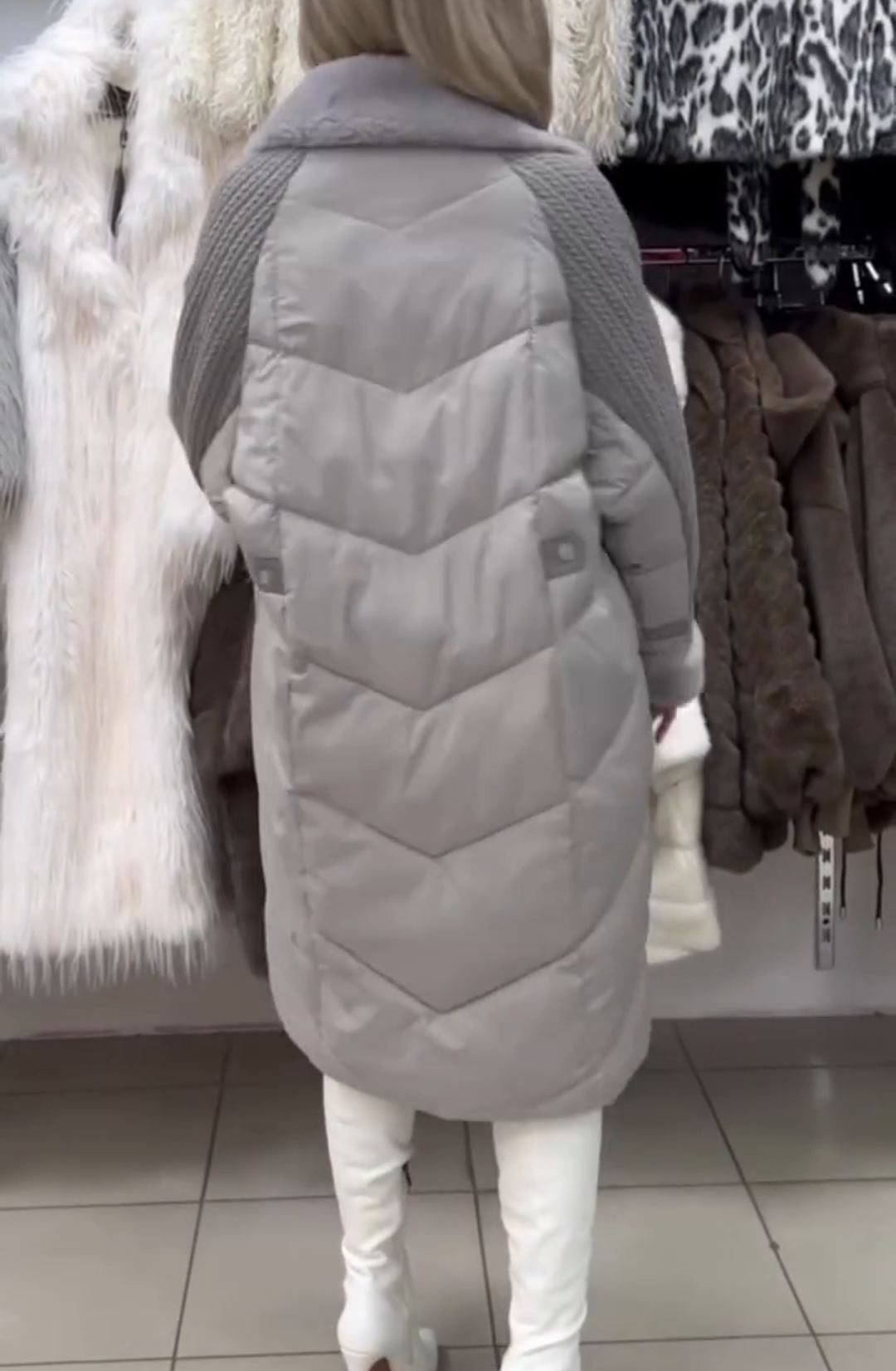 Urban Intellectual Gray Down Coat with Knitted Sleeves