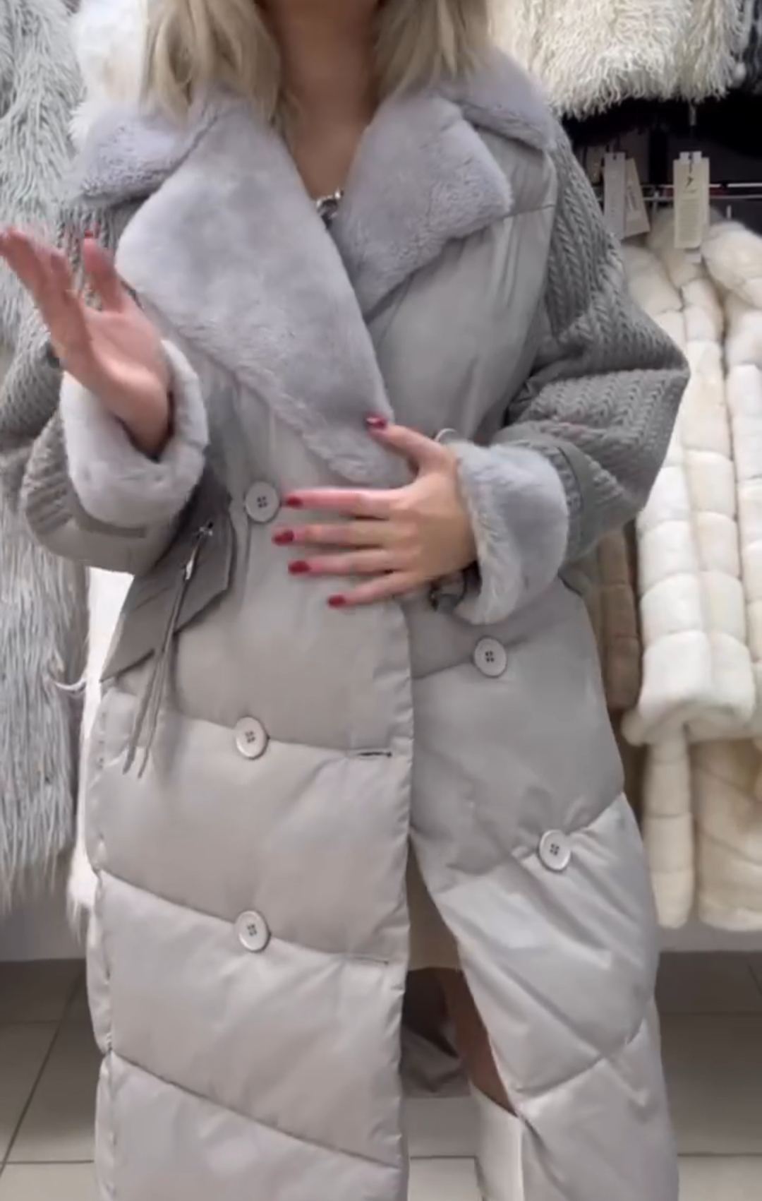 Urban Intellectual Gray Down Coat with Knitted Sleeves