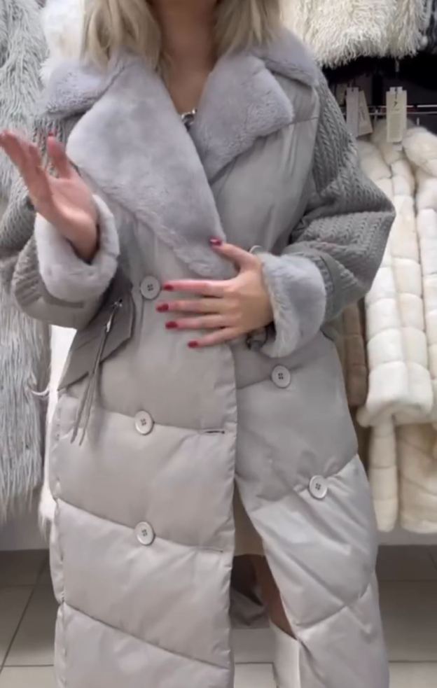 Urban Intellectual Gray Down Coat with Knitted Sleeves