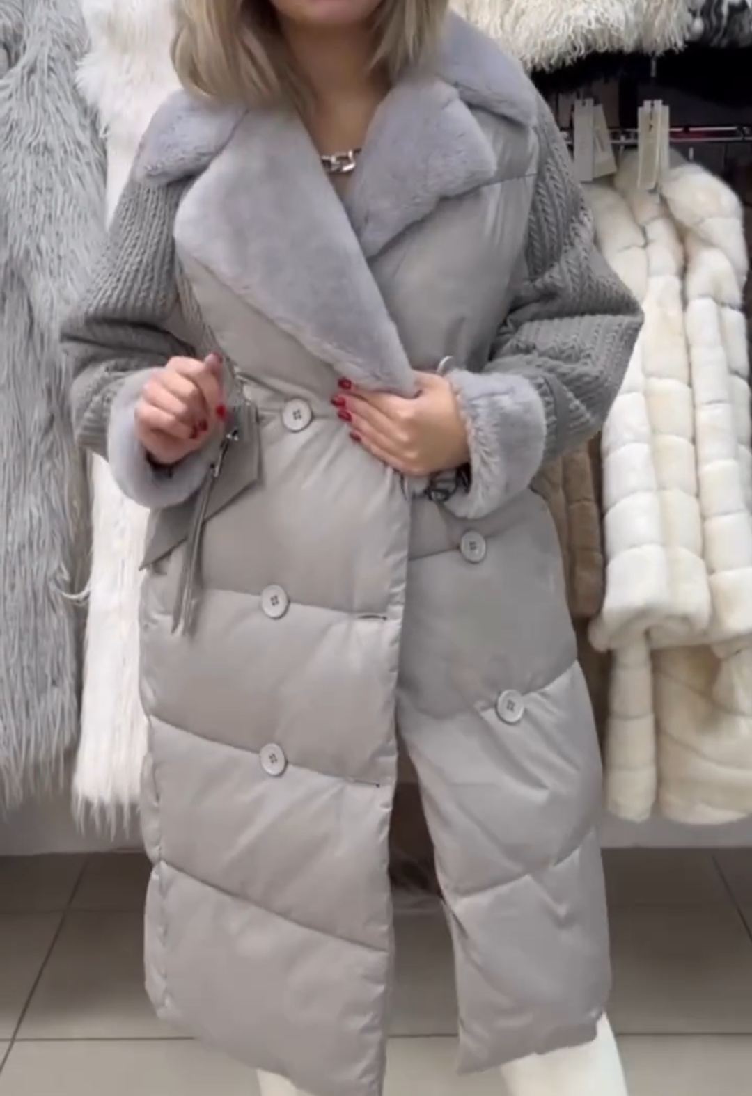 Urban Intellectual Gray Down Coat with Knitted Sleeves