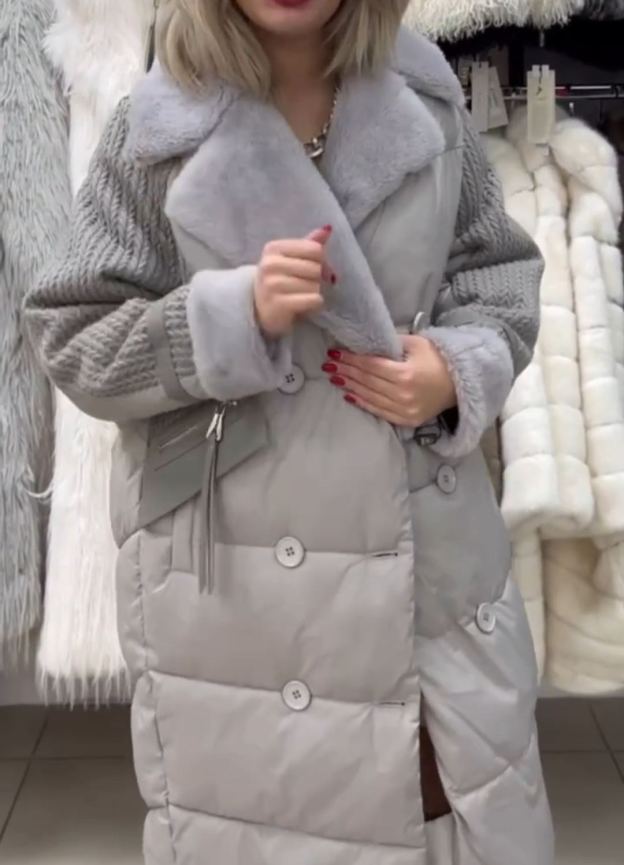 Urban Intellectual Gray Down Coat with Knitted Sleeves