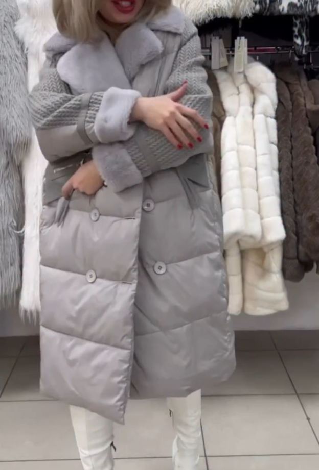 Urban Intellectual Gray Down Coat with Knitted Sleeves