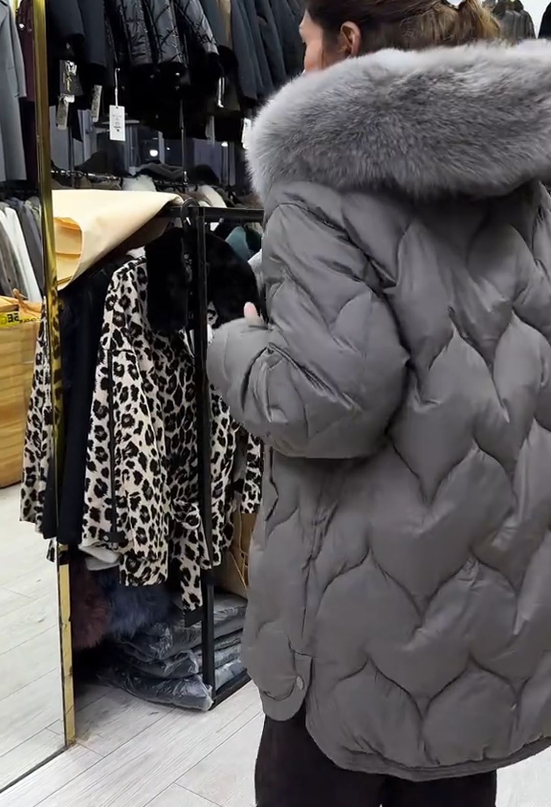 Light Luxury Warm Gray Quilted Down Coat with Faux Fur Hood