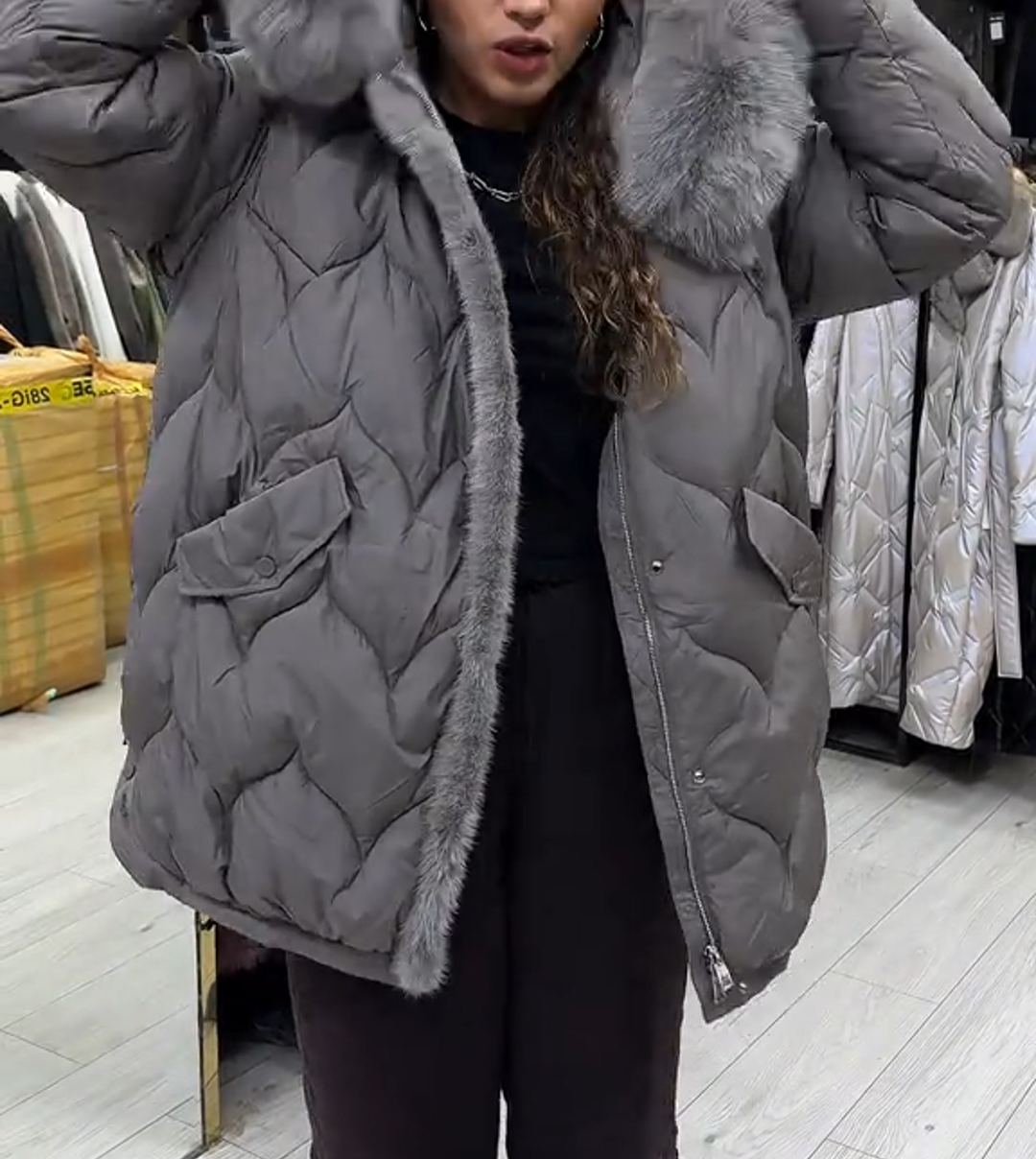 Light Luxury Warm Gray Quilted Down Coat with Faux Fur Hood