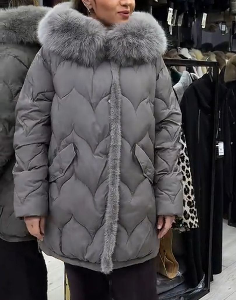 Light Luxury Warm Gray Quilted Down Coat with Faux Fur Hood