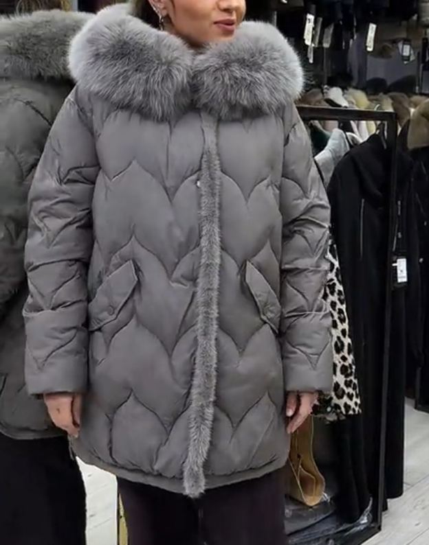 Light Luxury Warm Gray Quilted Down Coat with Faux Fur Hood