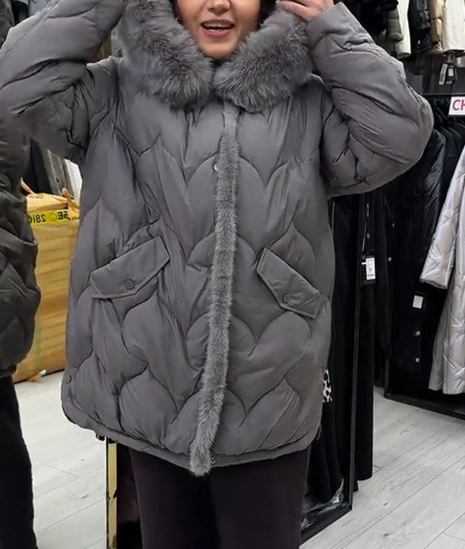 Light Luxury Warm Gray Quilted Down Coat with Faux Fur Hood