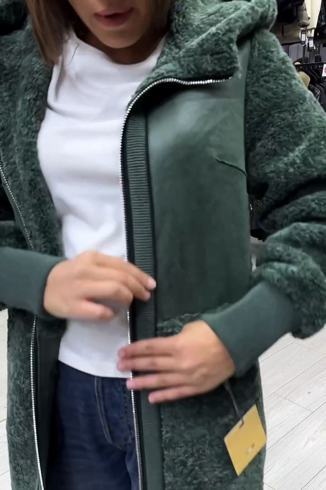 Vintage Utility Green Shearling Coat with Hood