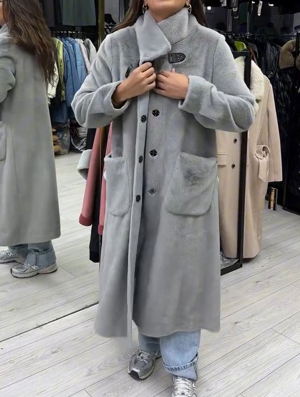 Urban Casual Light Gray Plush Faux Fur Long Coat