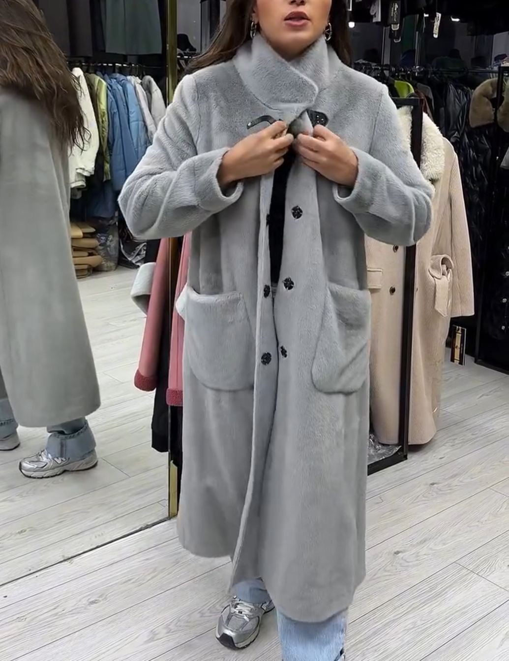 Urban Casual Light Gray Plush Faux Fur Long Coat