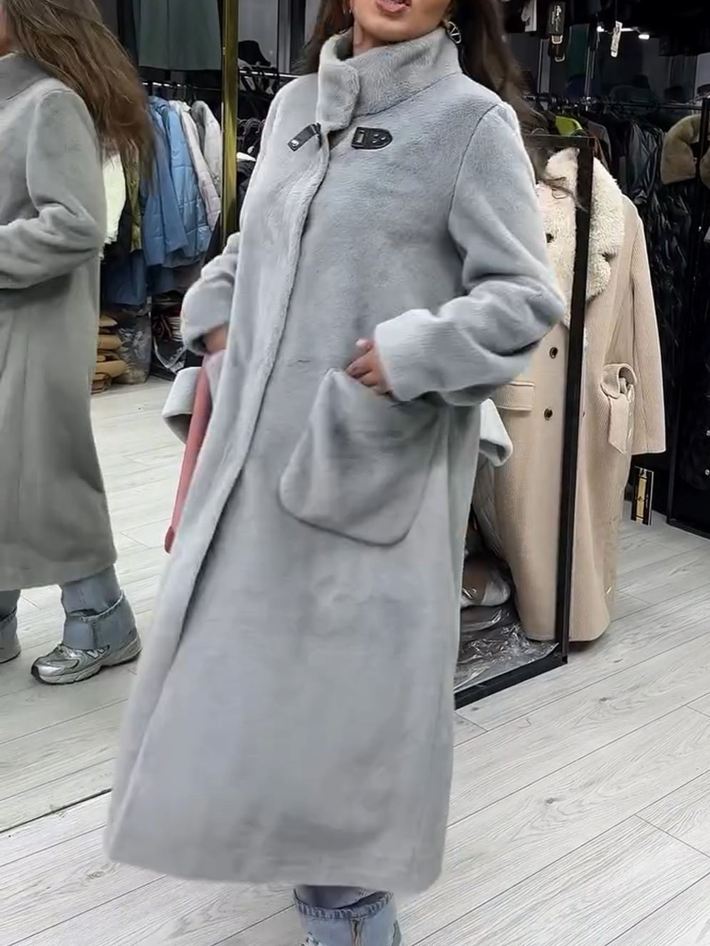 Urban Casual Light Gray Plush Faux Fur Long Coat