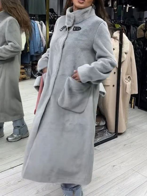 Urban Casual Light Gray Plush Faux Fur Long Coat