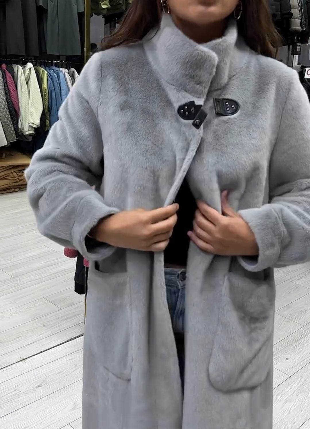 Urban Casual Light Gray Plush Faux Fur Long Coat